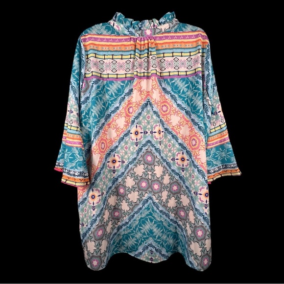 Tribal Boho Shift Dress Size Medium Caftan Bell Sleeve Midi Festival 60s Tunic - Picture 8 of 8